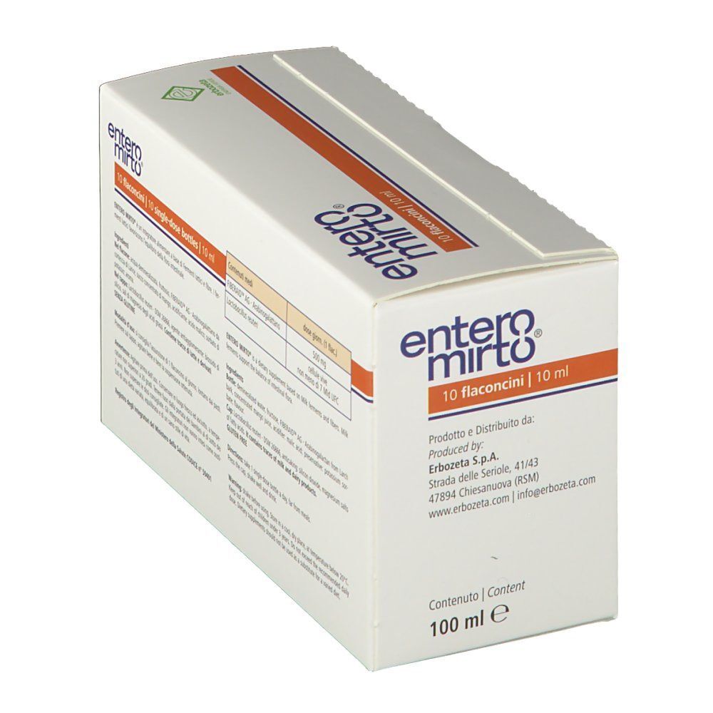 Confezione Entero Mirto Flaconcini, 10 x 10ml. Contenuto totale 100ml. Produttore: Erbozeta S.p.A.
