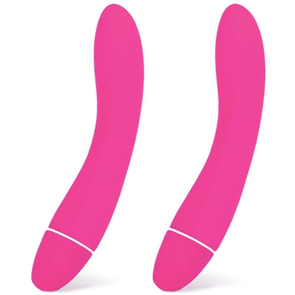 Due vibratori personali rosa curvi con un anello bianco alla base.