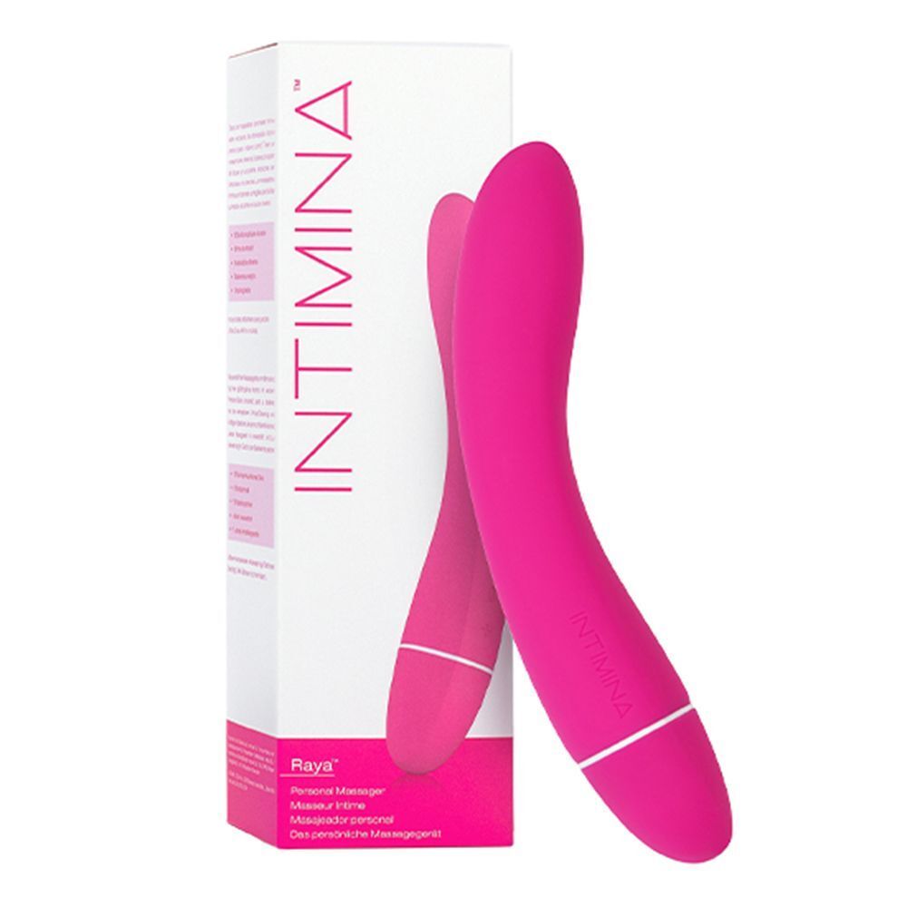 Un vibratore personale rosa accanto alla sua confezione con il nome del marchio Intimina.