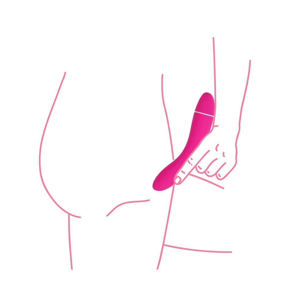 Illustrazione: mano che tiene un vibratore rosa sul fianco.