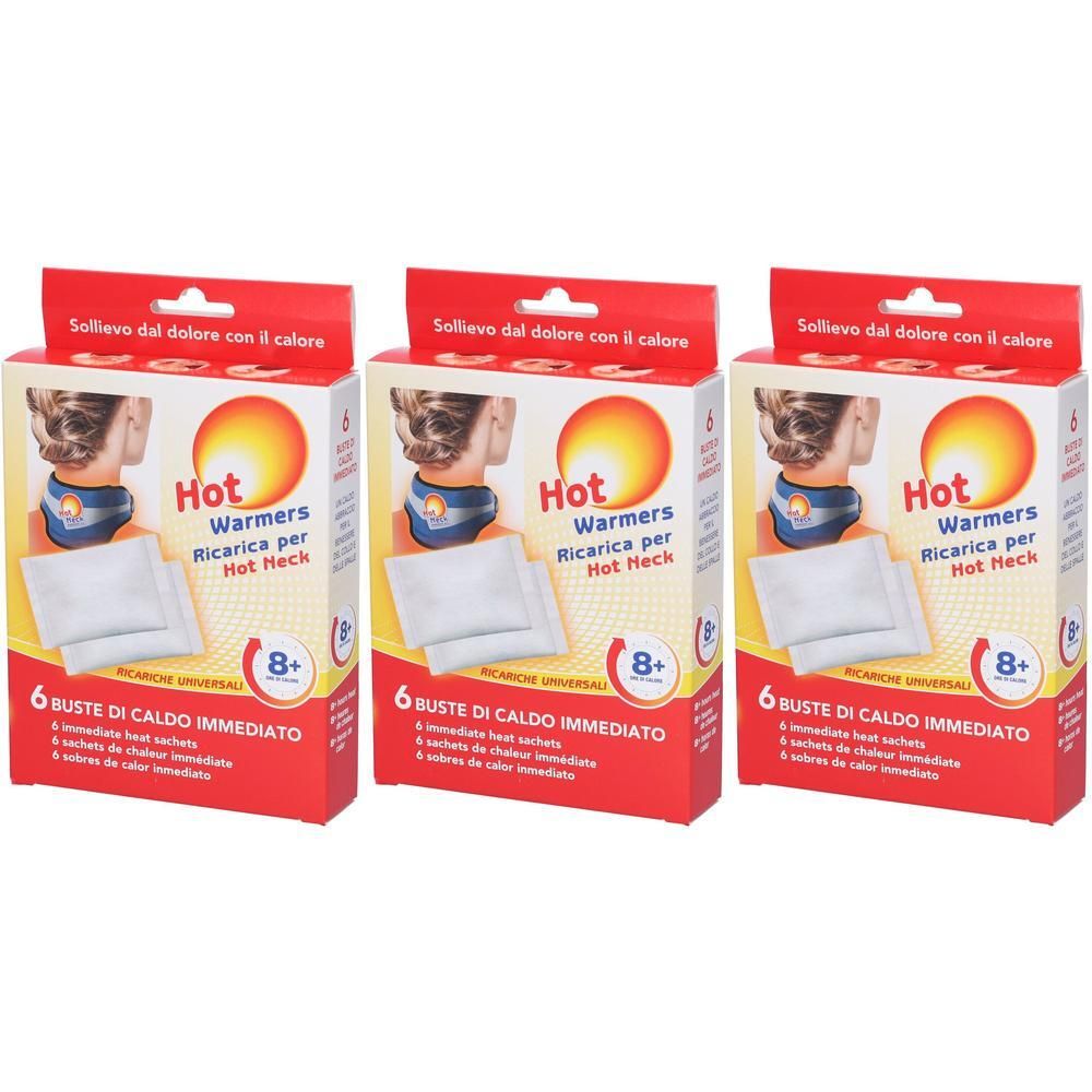 Tre confezioni di Hot Warmers per il collo. Ogni pacco contiene 6 bustine per calore immediato.