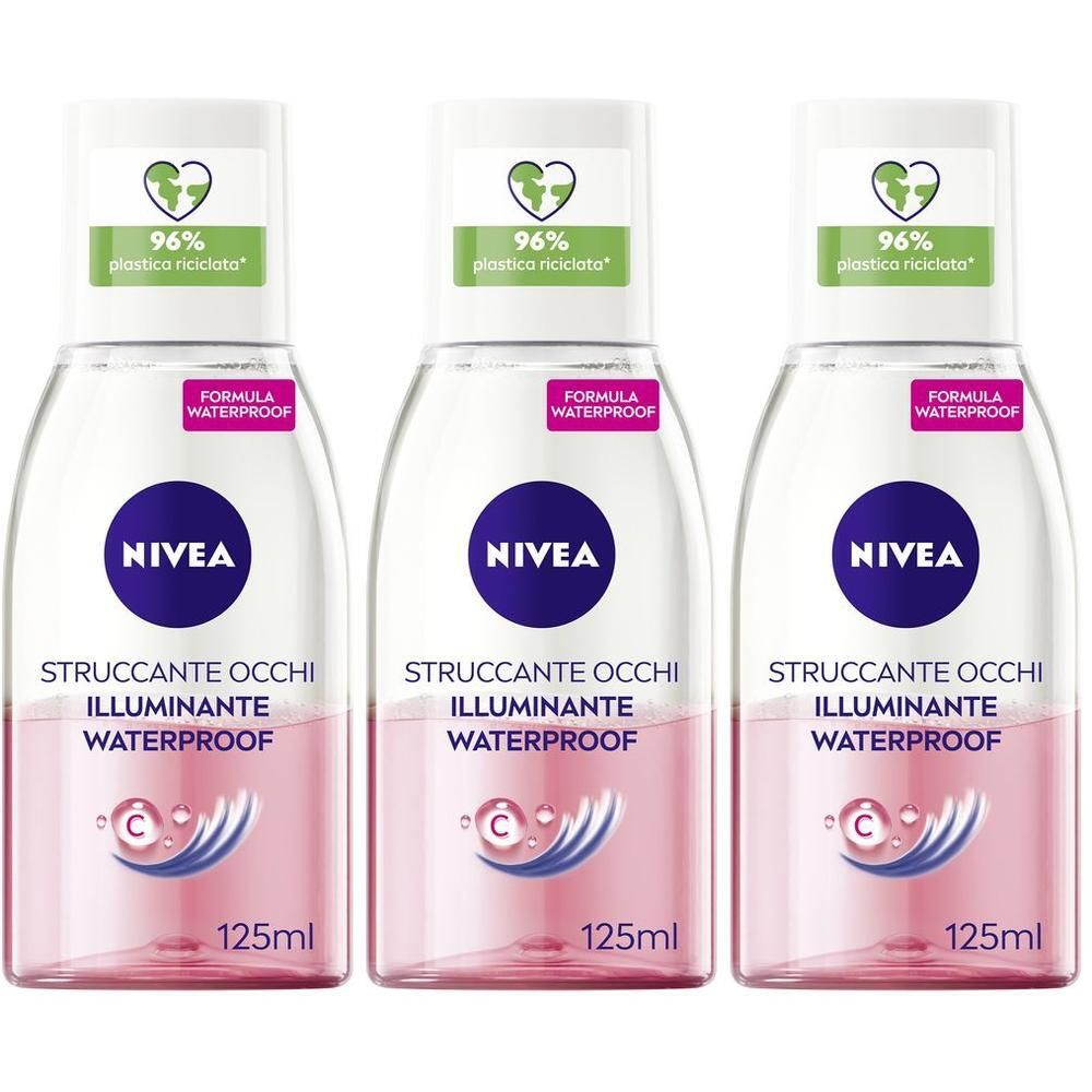 Nivea Struccante Occhi Bifase Illuminante Waterproof 125 ml, Olio struccante bifasico per gli occhi