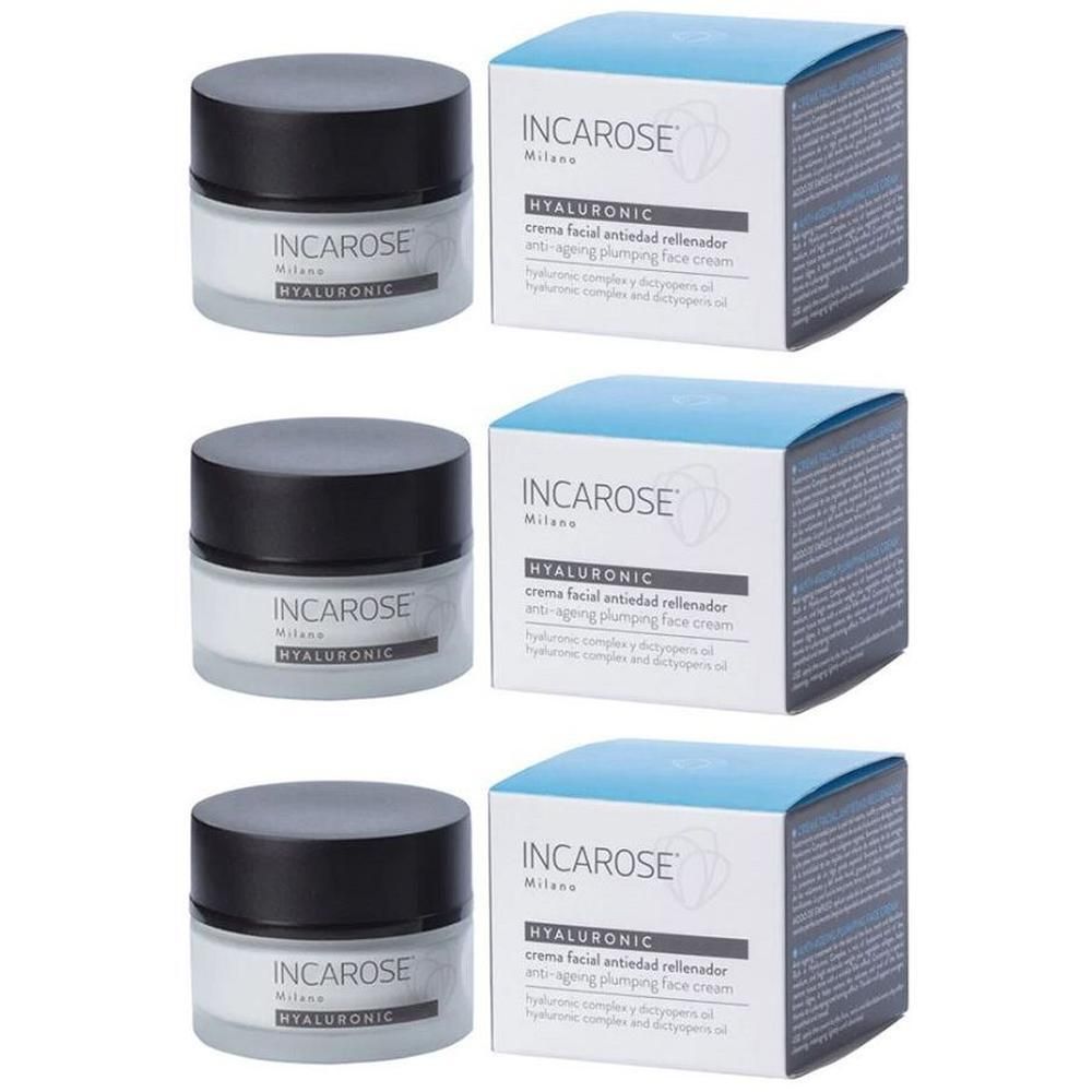 Tre vasetti di crema viso Incarose Hyaluronic con confezione.