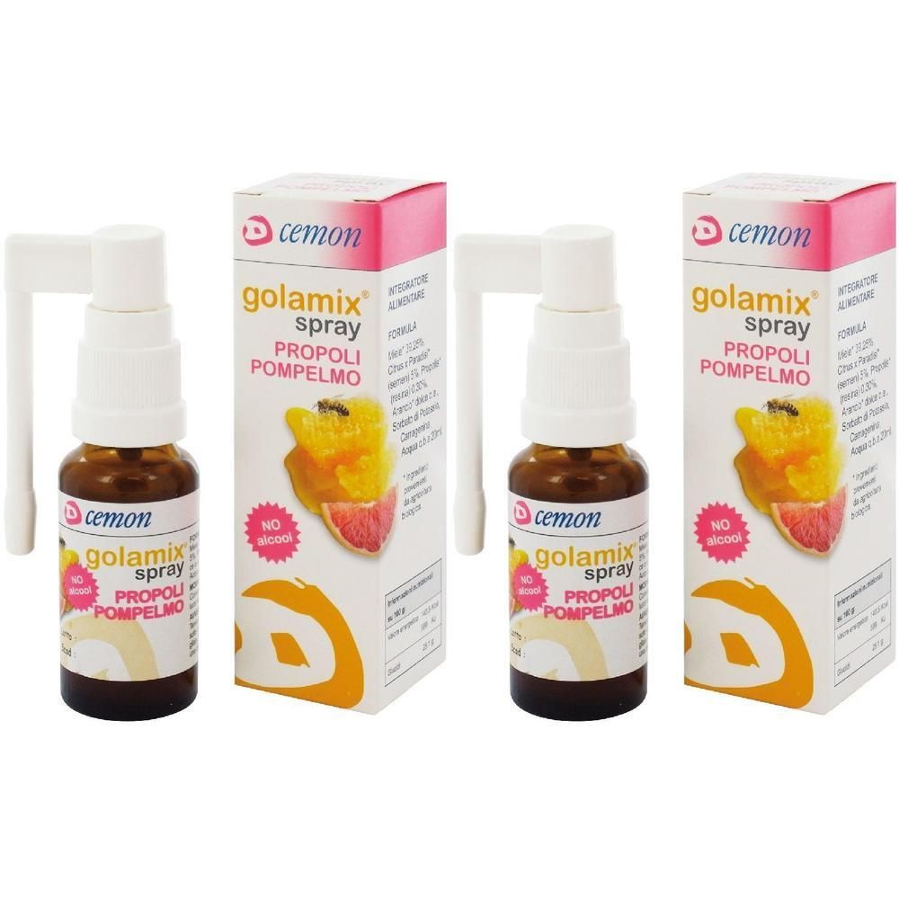 Due flaconi spray con applicatore e scatole. Marca Cemon, prodotto Golamix Spray Propoli Pompelmo.
