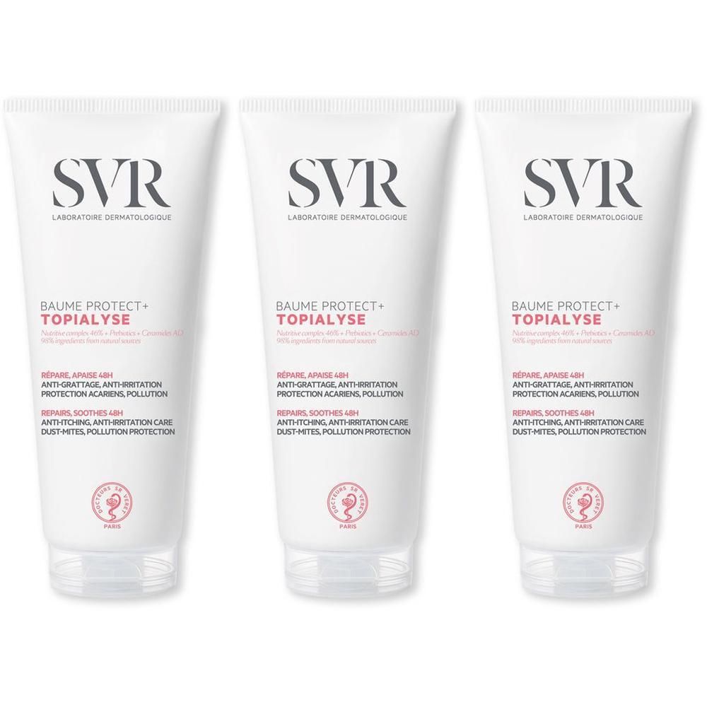 Tre tubi di SVR TOPIALYSE Baume Protect+ con tappo trasparente e corpo bianco.