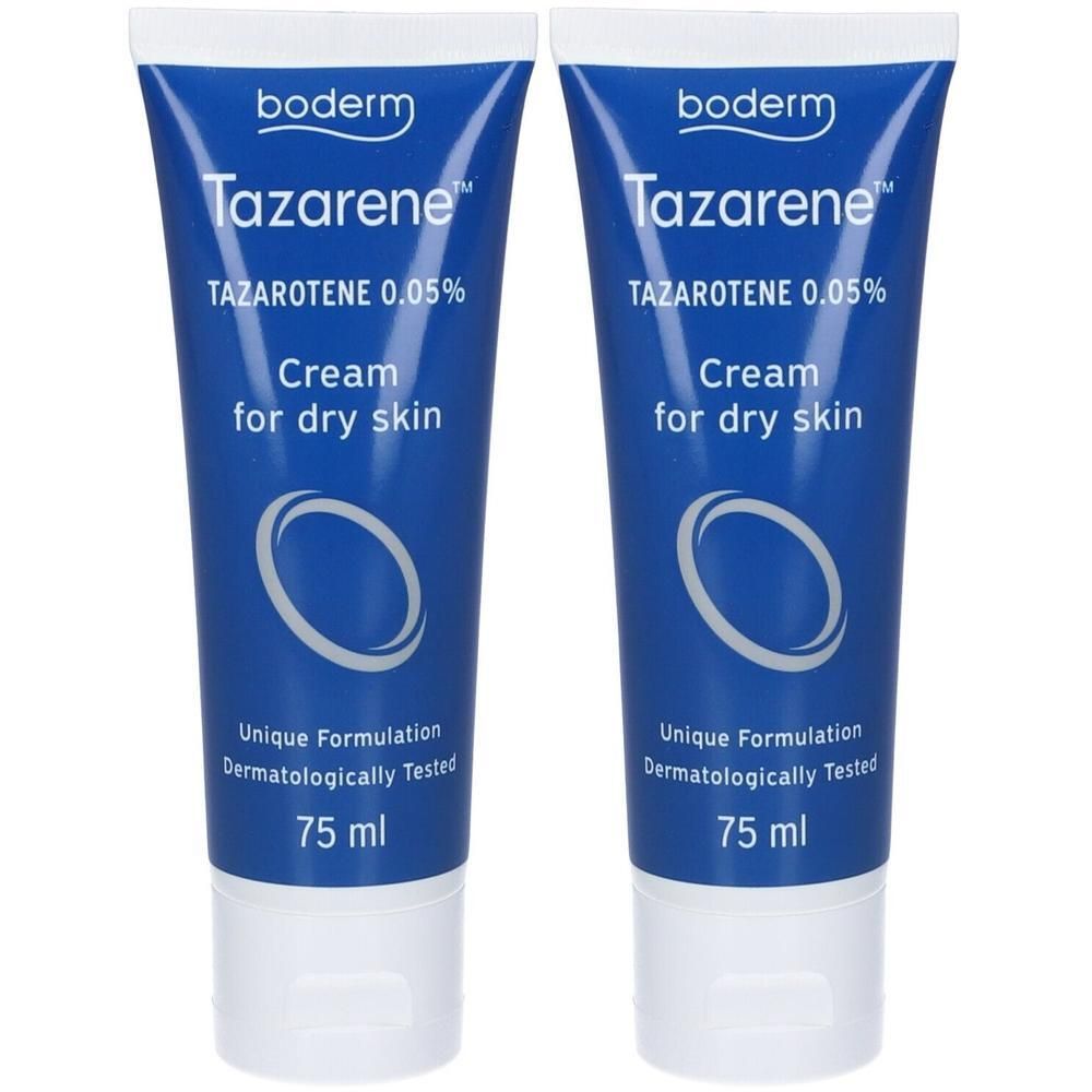 Due tubi di crema Tazarene 0,05% di Boderm per pelle secca, 75 ml.