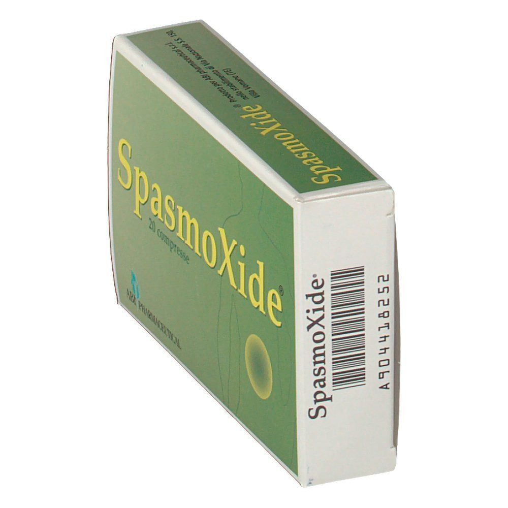 Confezione di SpasmOxide Compresse, vista laterale con codice a barre e informazioni del produttore.