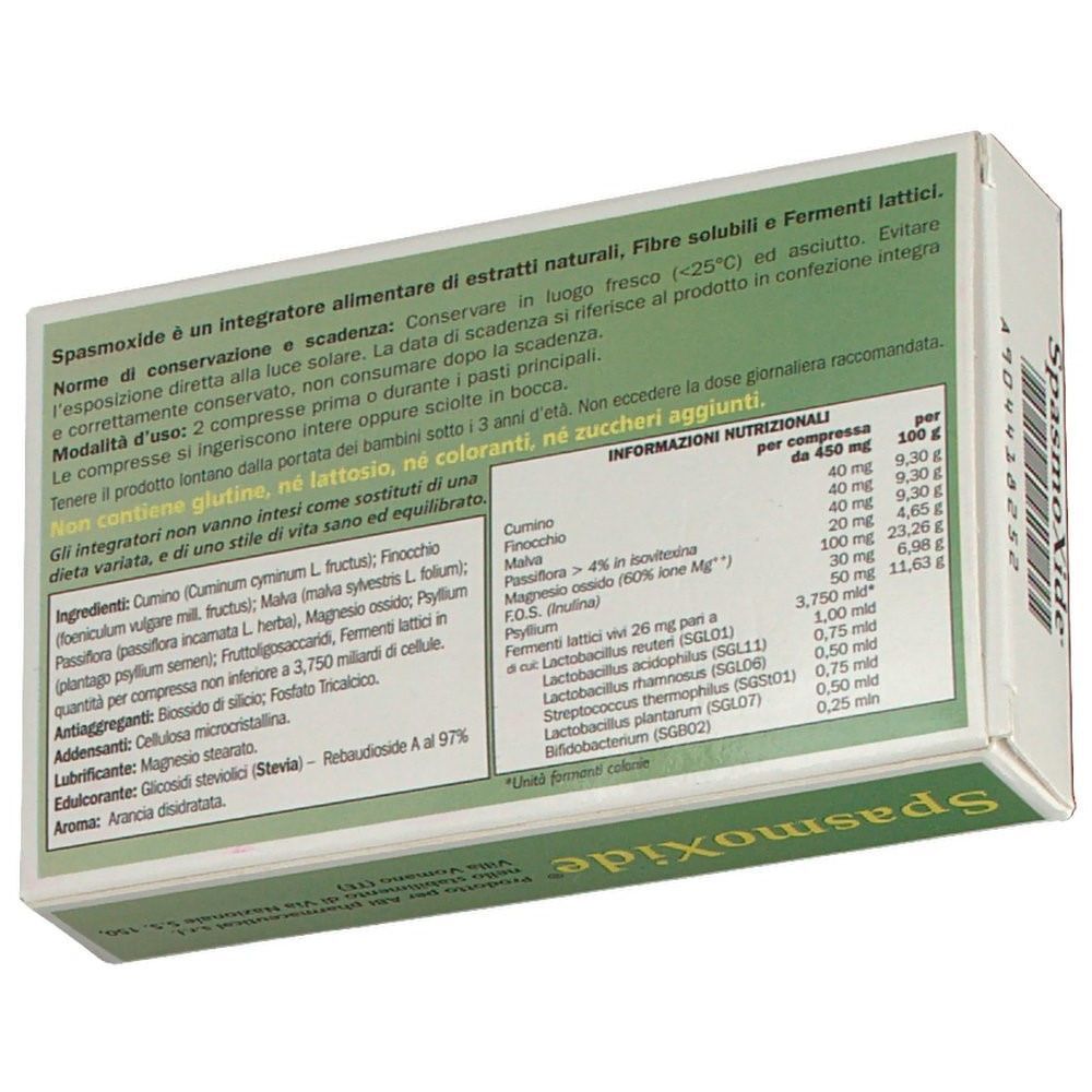 Retro di una confezione SpasmOxide Compresse con elenco ingredienti e informazioni nutrizionali.