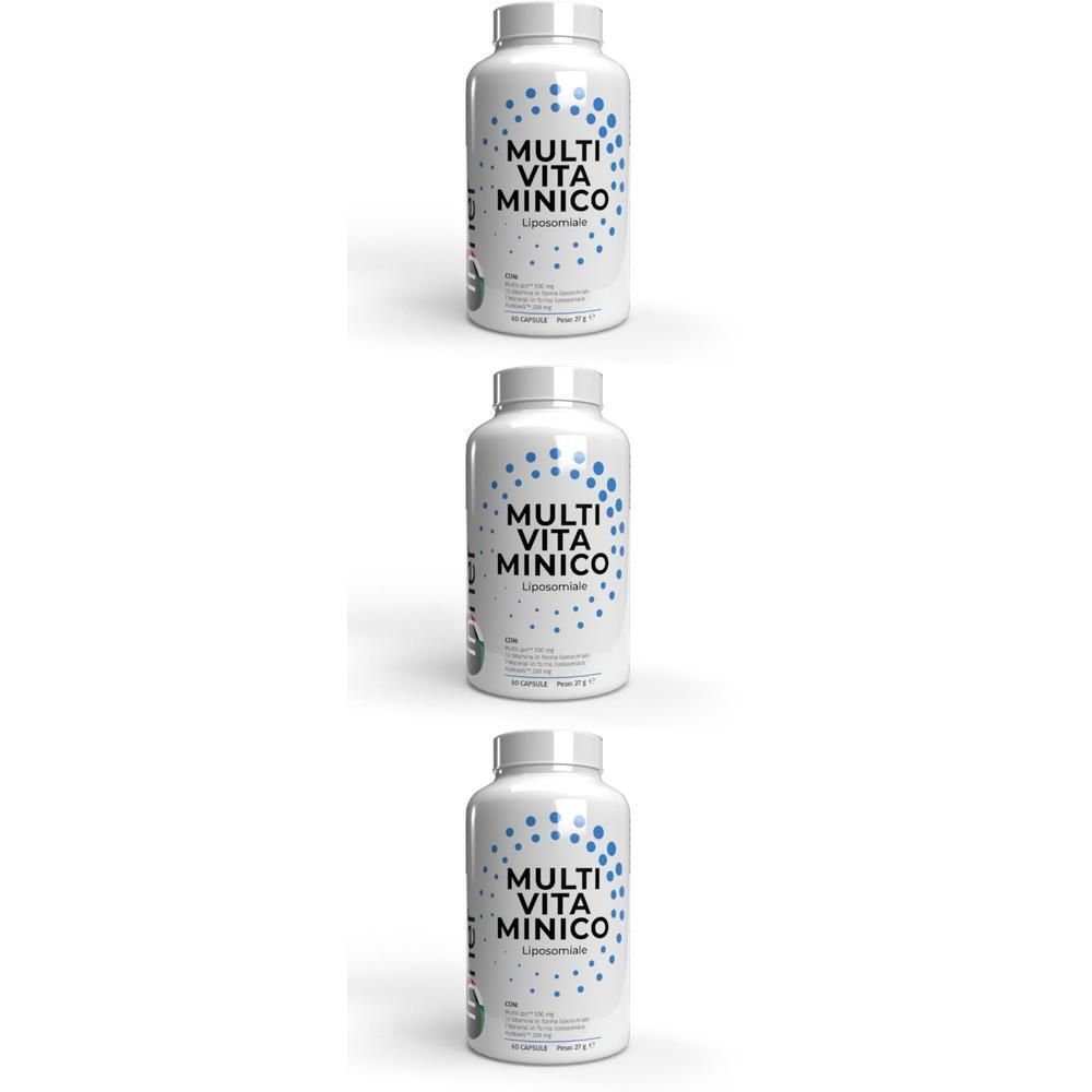 Tre flaconi bianchi con etichetta Multivitaminico Liposomiale, puntini blu su sfondo bianco.