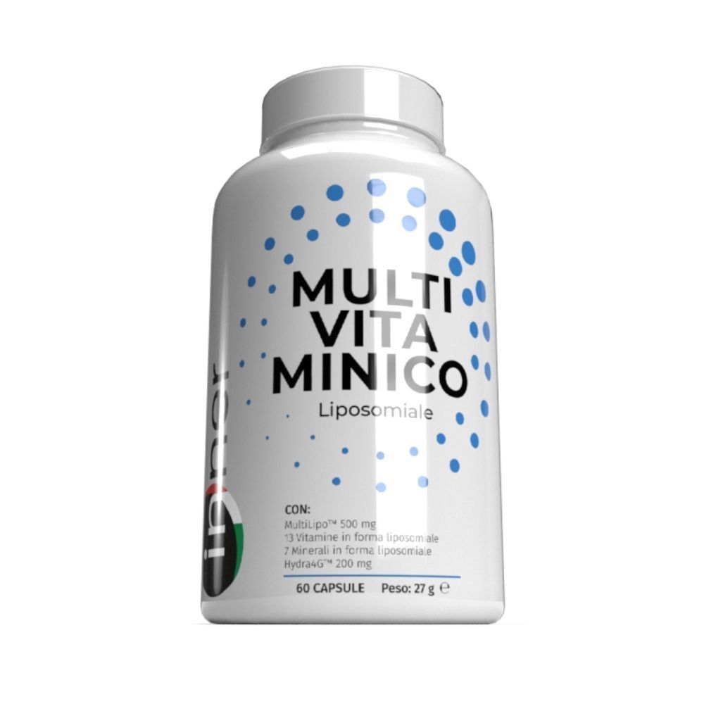 Flacone bianco Multivitaminico Liposomiale, primo piano dell'etichetta con informazioni nutrizionali.