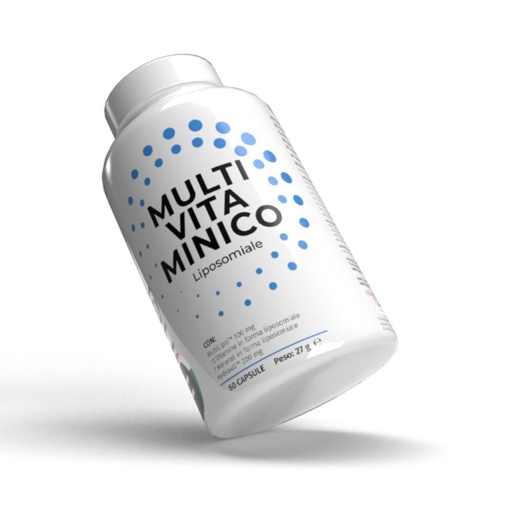 Flacone bianco Multivitaminico Liposomiale inclinato con motivo a pois blu ed etichetta.