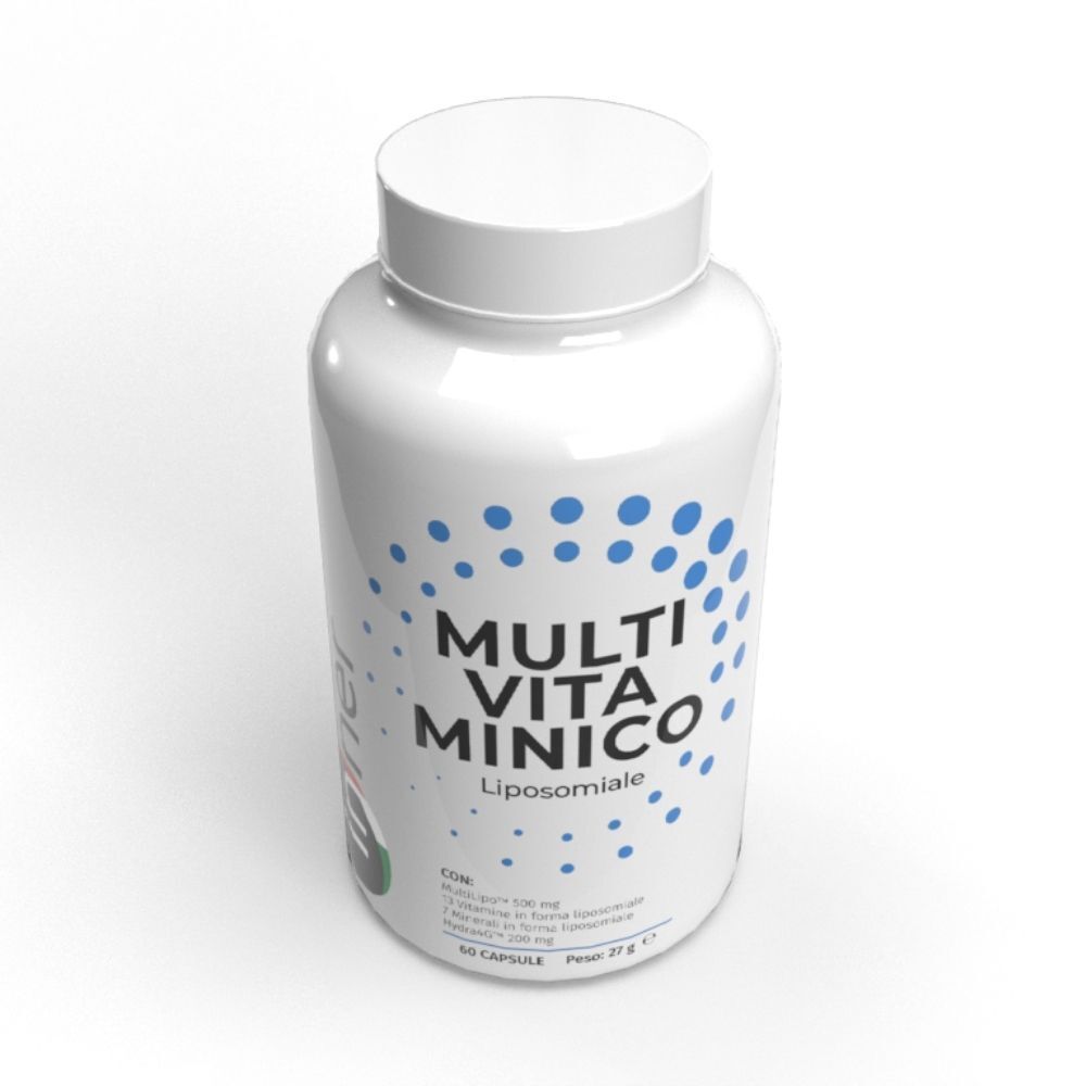 Flacone bianco di capsule Multivitaminico Liposomiale. Design a pois blu sull'etichetta.
