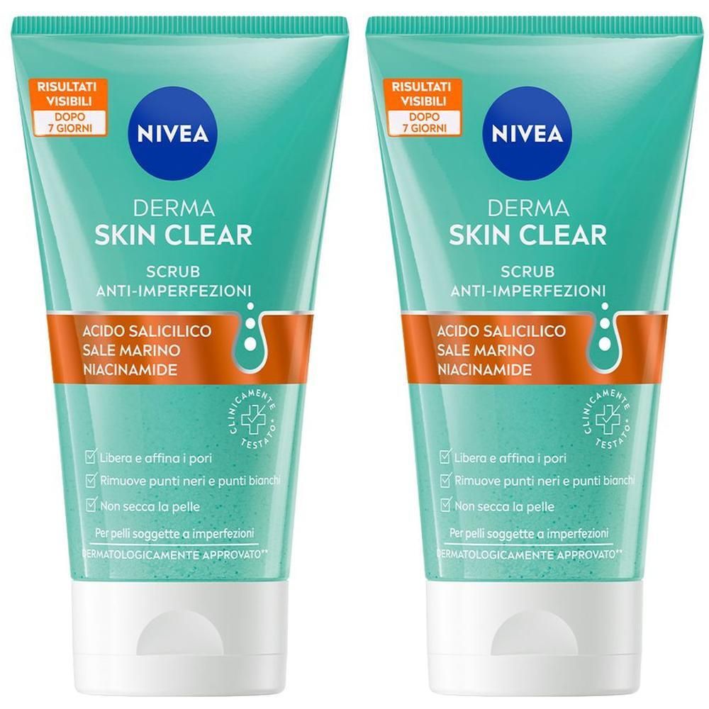 Due tubi di scrub viso Nivea Derma Skin Clear con acido salicilico e niacinamide.