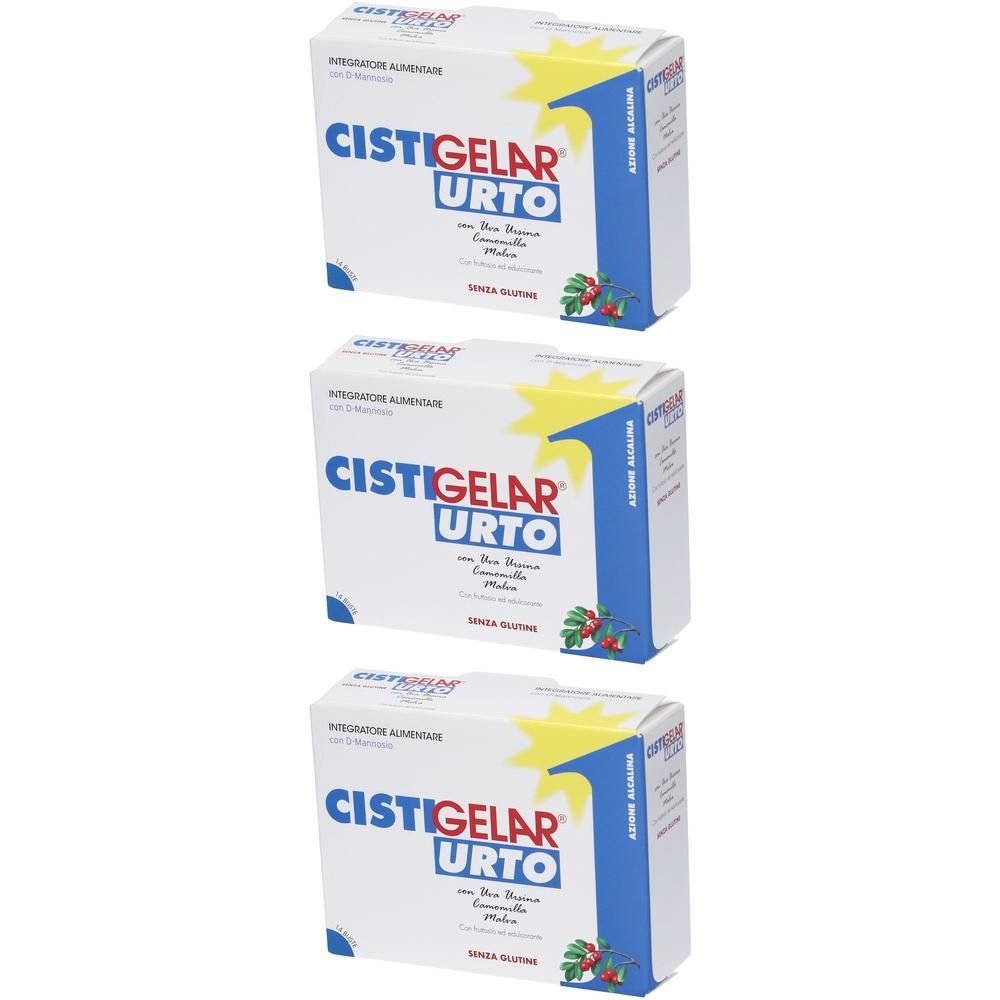Tre confezioni di Cistigelar Urto con estratto di mirtillo rosso. Senza glutine.