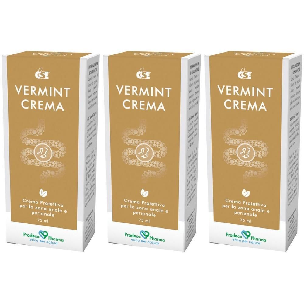 Tre confezioni di Gse Vermint Crema. Confezione color oro con scritte bianche e motivo stilizzato dell'intestino.