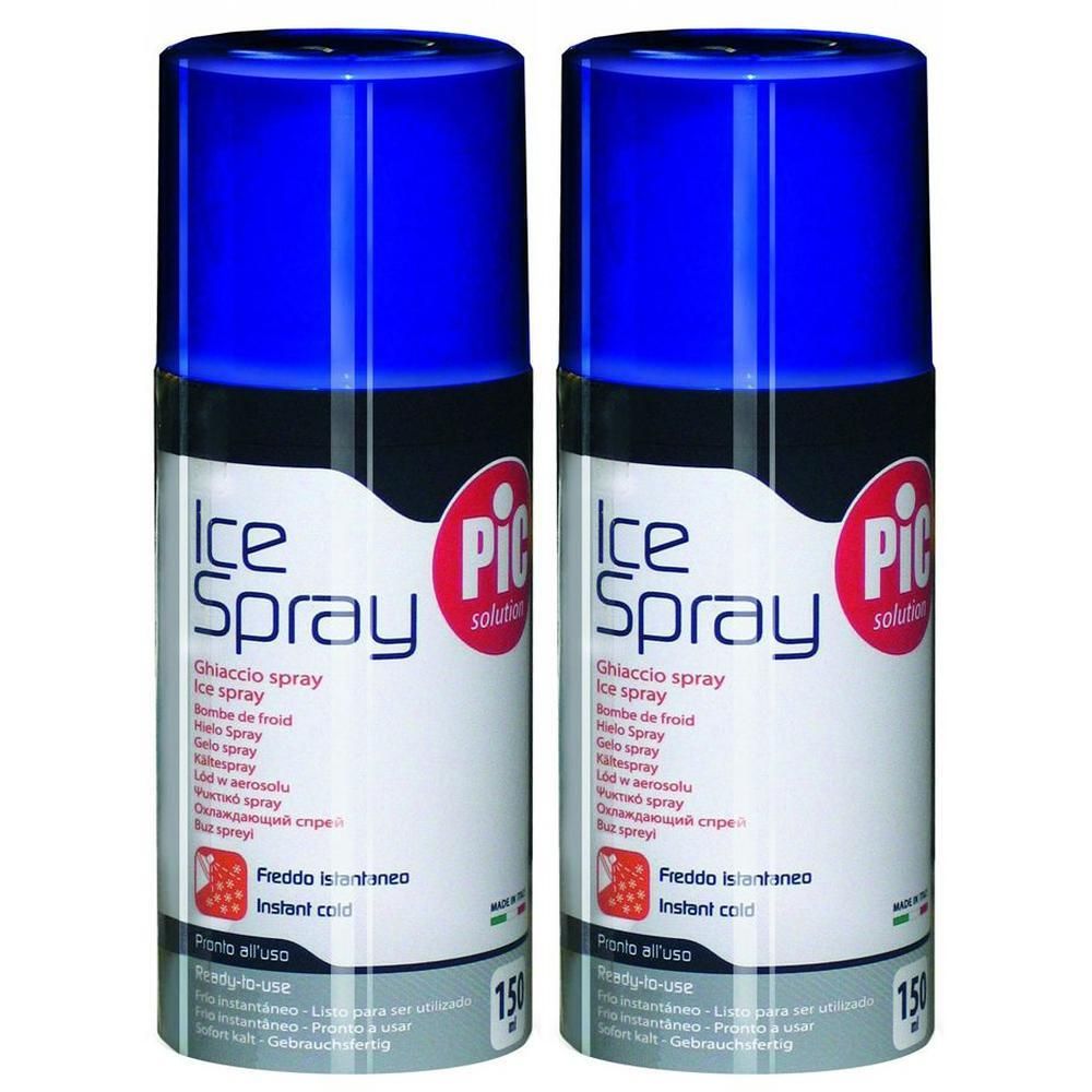 Due bombolette di spray ghiaccio con tappi blu. Le bombolette riportano 'Ice Spray' e 'Pic solution'.