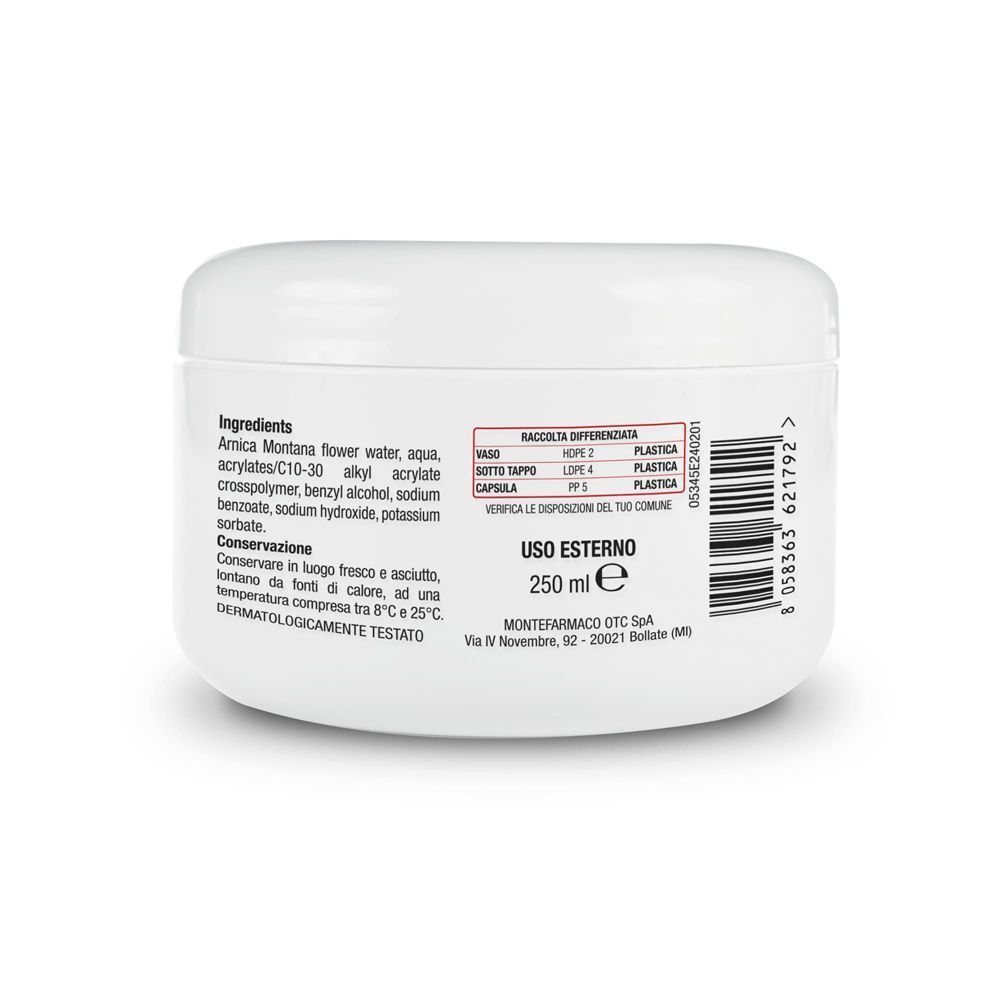 Retro di un vasetto bianco di Calmadol Arnica Gel 98%, 250 ml.