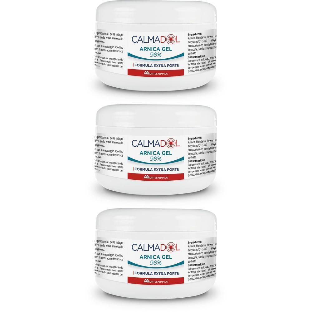 Tre vasetti bianchi di Gel Arnica Calmadol 98%.