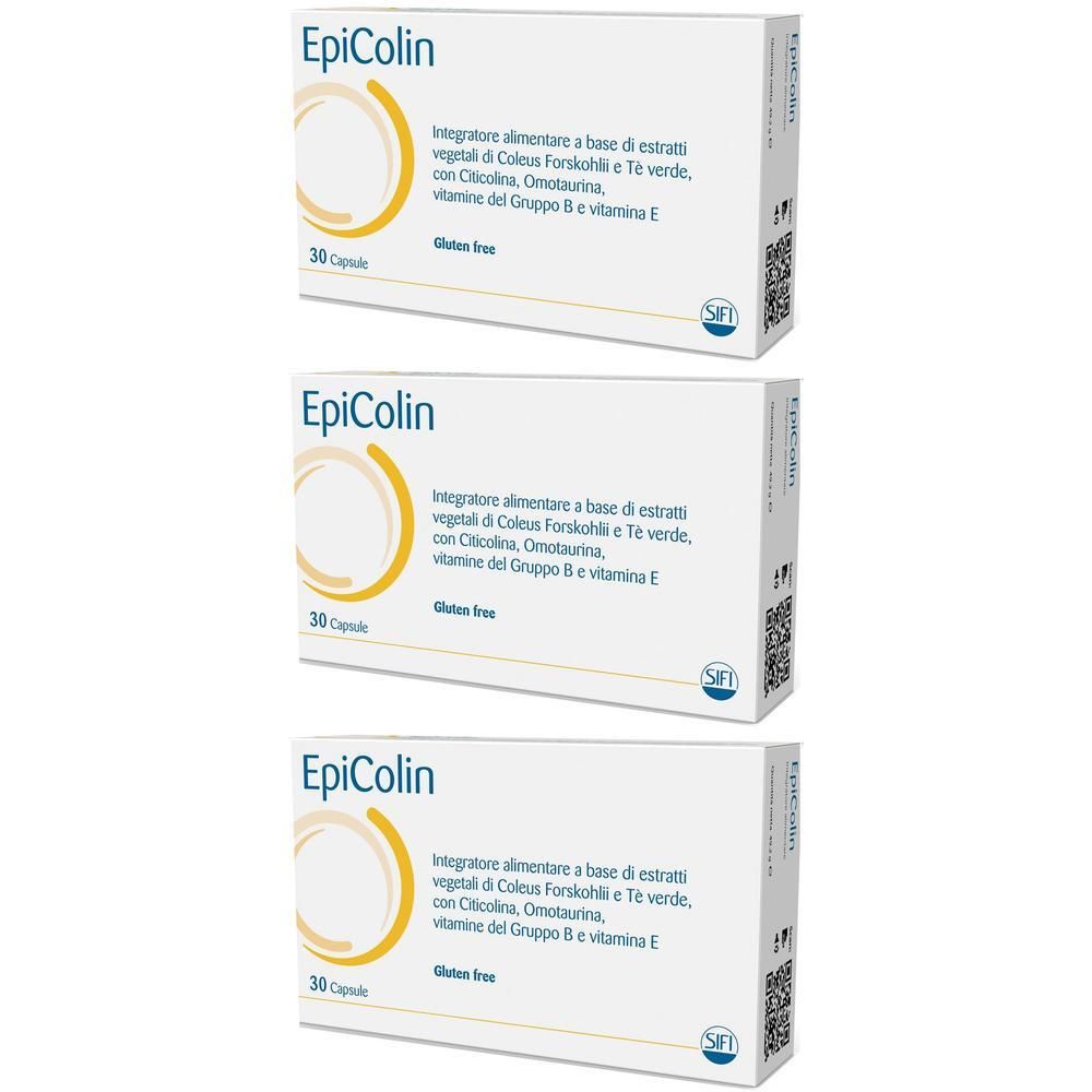 Tre confezioni di capsule EpiColin, 30 capsule per confezione, senza glutine.
