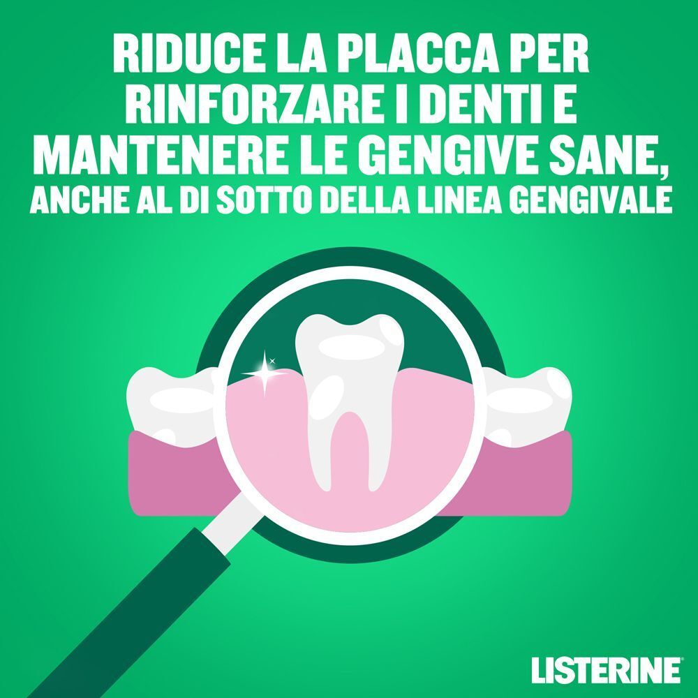 Dente esaminato con lente d'ingrandimento, riduce la placca e mantiene le gengive sane.
