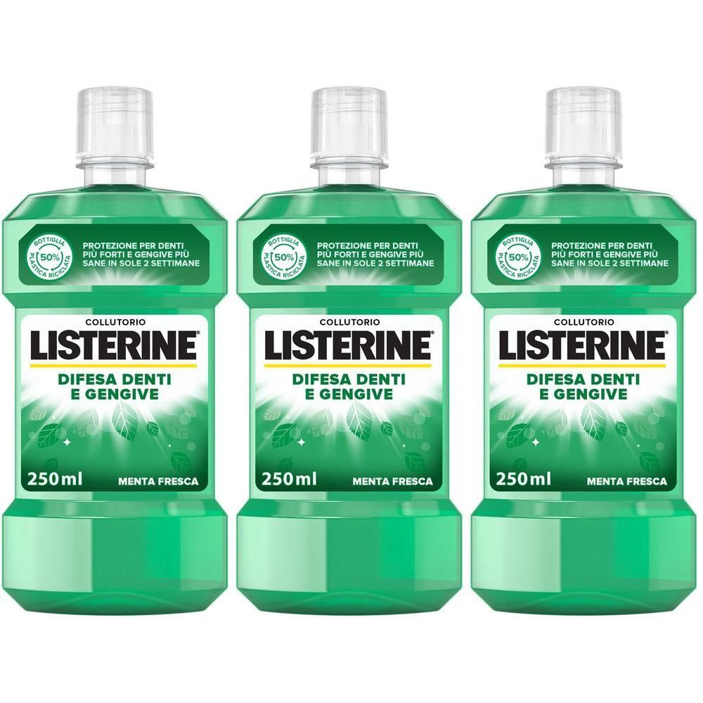 Tre flaconi di collutorio Listerine, 250ml, "Difesa Denti e gengive".