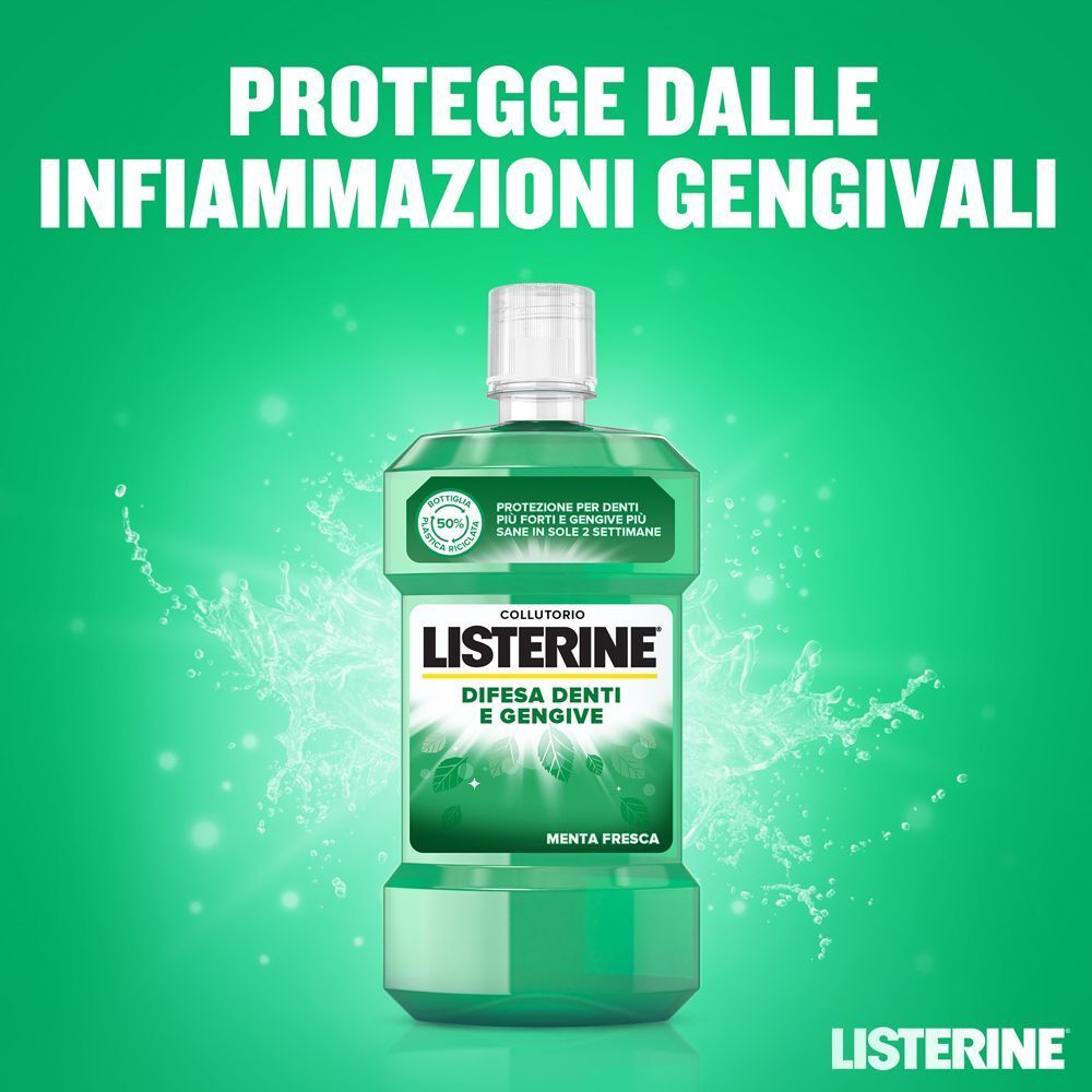 Flacone di collutorio Listerine verde con tappo bianco. Sull'etichetta è scritto "Denti e gengive".