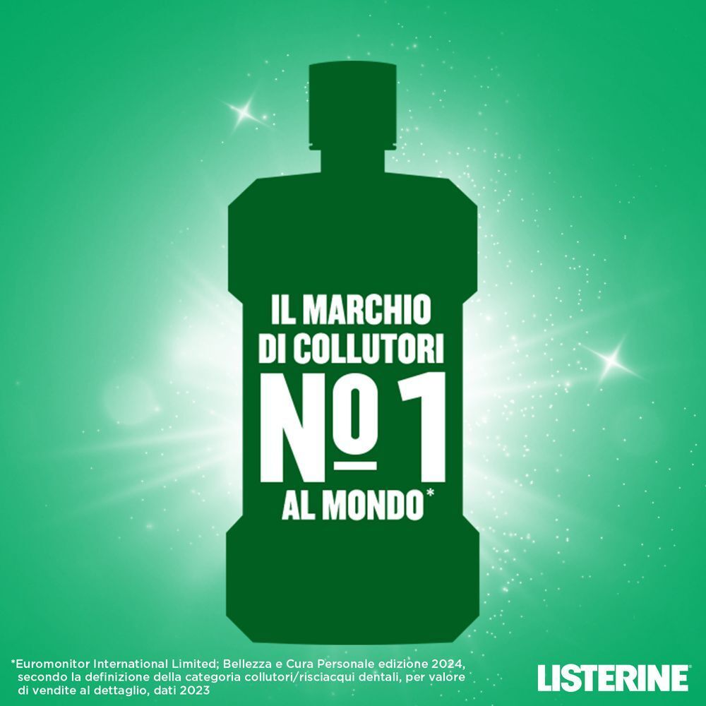 Silhouette verde di una bottiglia di collutorio con testo "Il marchio di collutori n°1 al mondo".