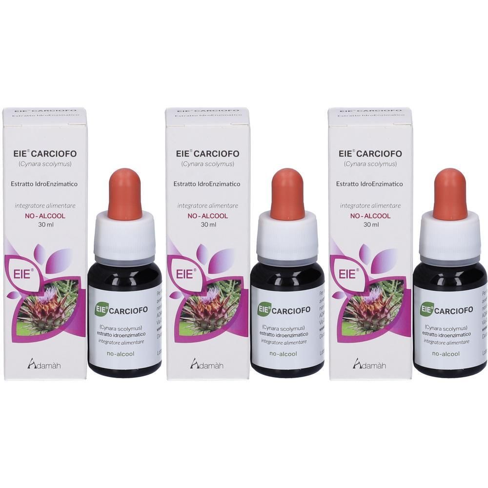 Tre flaconi di gocce EIE Carciofo, 30 ml, con contagocce e scatola.