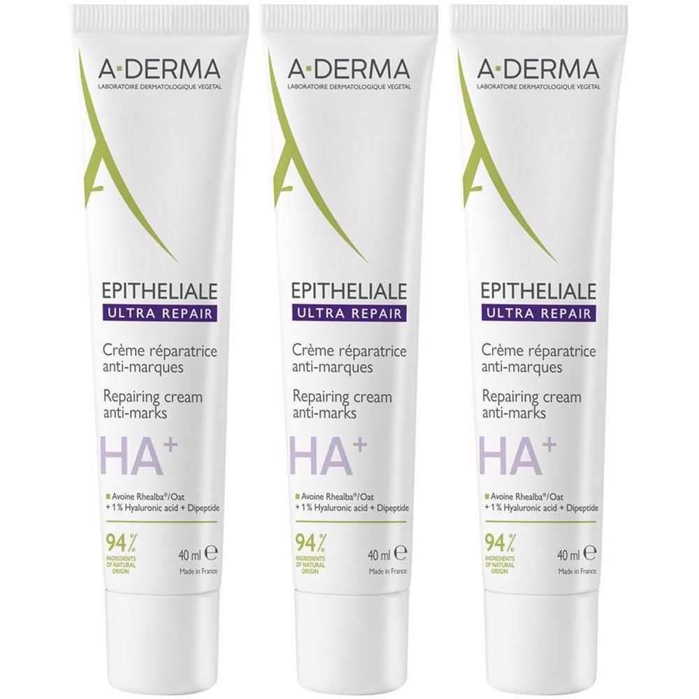 Tre tubi di crema riparatrice anti-segni A-Derma Epitheliale Ultra Repair.