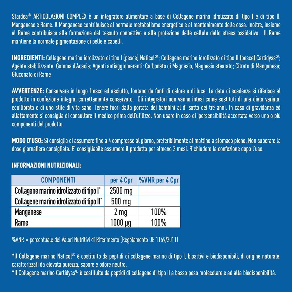 Retro di un flacone Stardea Articolazioni Complex con ingredienti e informazioni nutrizionali.