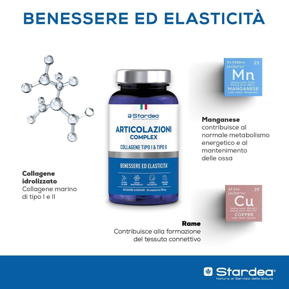 Flacone Stardea Articolazioni Complex con struttura molecolare e icone per manganese e rame.