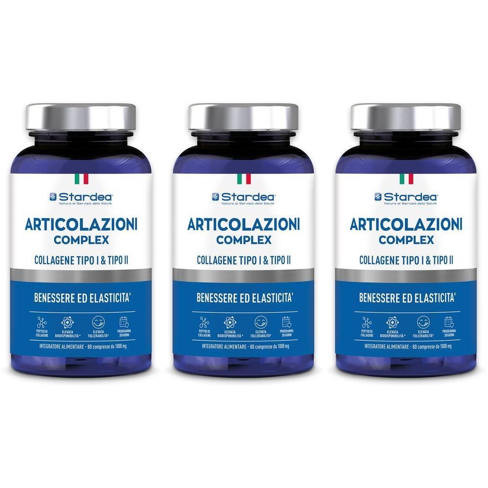 Tre flaconi di Stardea Articolazioni Complex, integratore alimentare al collagene.