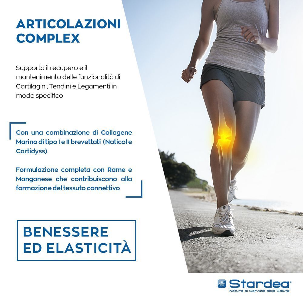 Podista con ginocchio dolorante accanto a testo su Stardea Articolazioni Complex.