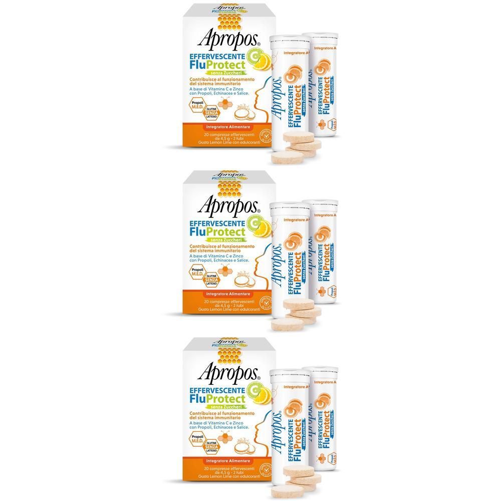 Apropos FluProtect compresse effervescenti: scatola di cartone con tre tubi contenenti compresse effervescenti.