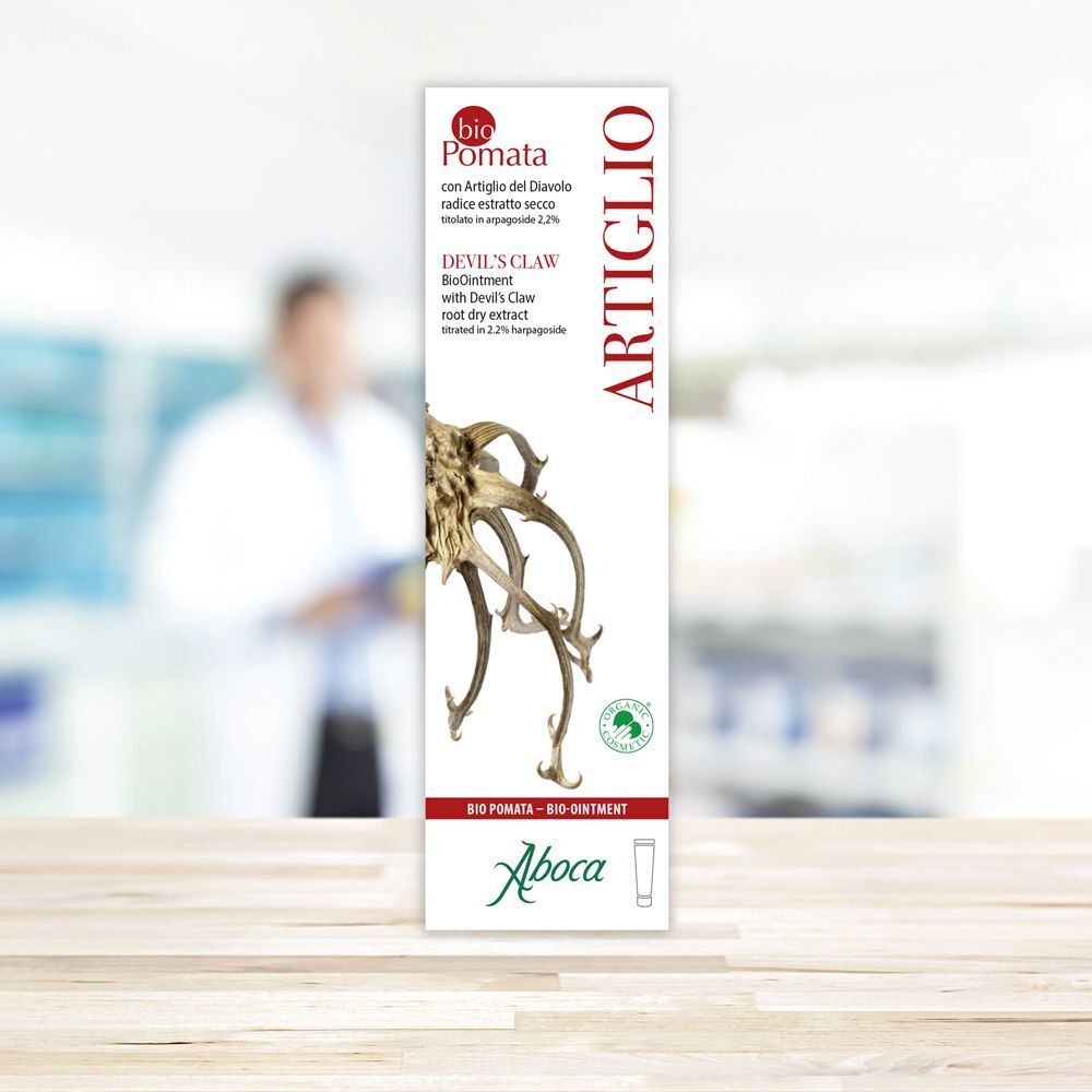 Una confezione di Aboca Biopomata Artiglio del Diavolo con estratto di Artiglio del Diavolo.