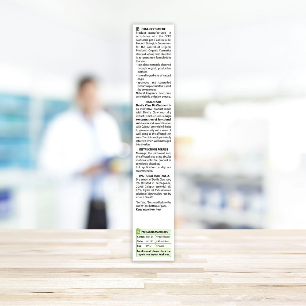 Lato di una confezione di Aboca Biopomata Artiglio del Diavolo con informazioni sul prodotto e certificazioni.