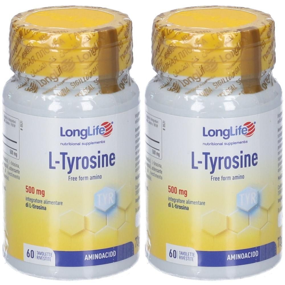 Due flaconi di LongLife L-Tyrosin, integratore alimentare, 60 tavolette per flacone.