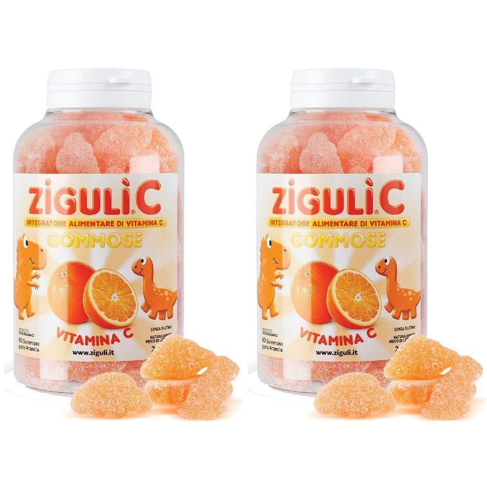 Due flaconi di Ziguli C Gommose all'arancia e Vitamina C. Design arancia e dinosauro.