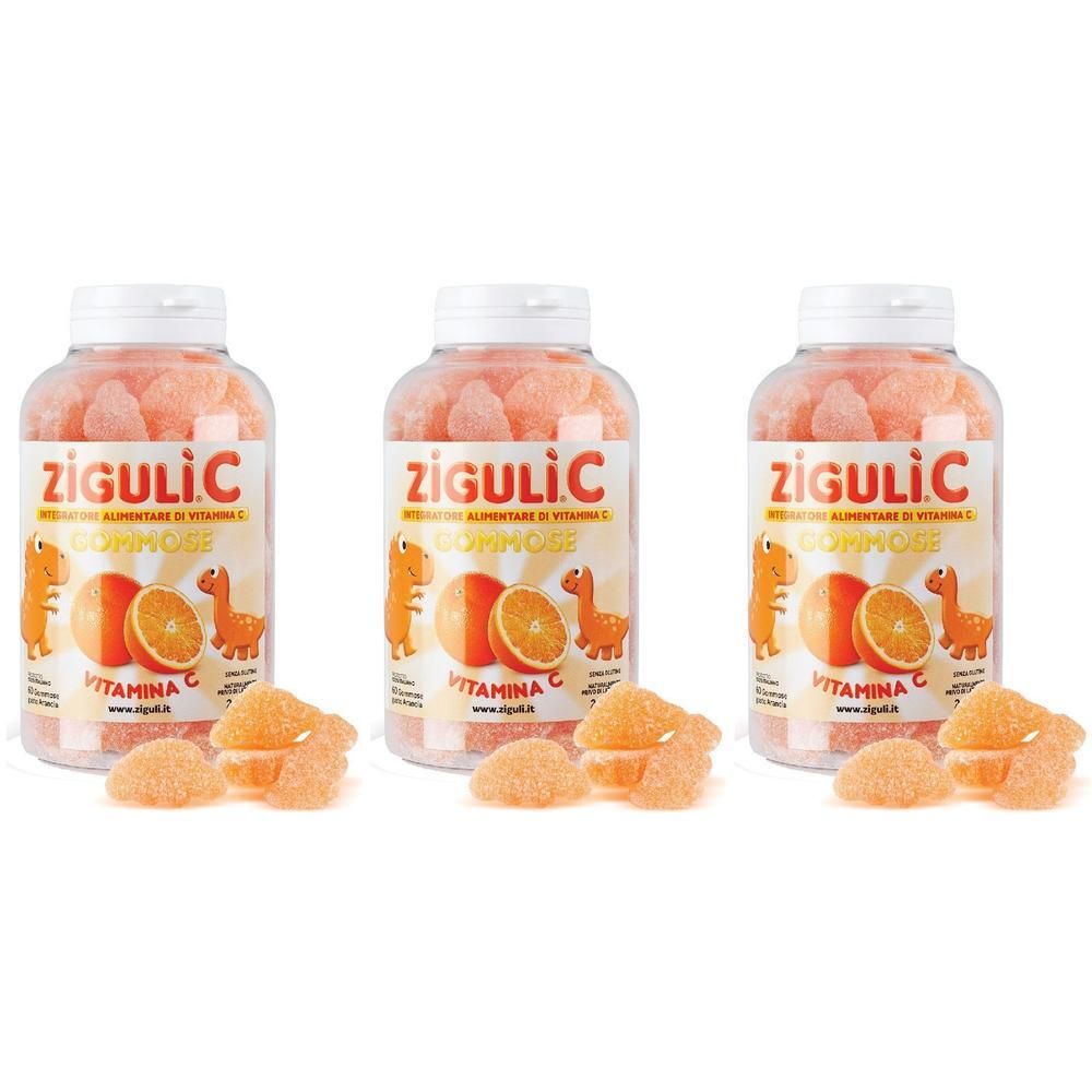Tre flaconi di Ziguli C gommose all'arancia e vitamina C. Alcune gommose sono disposte davanti ai flaconi.