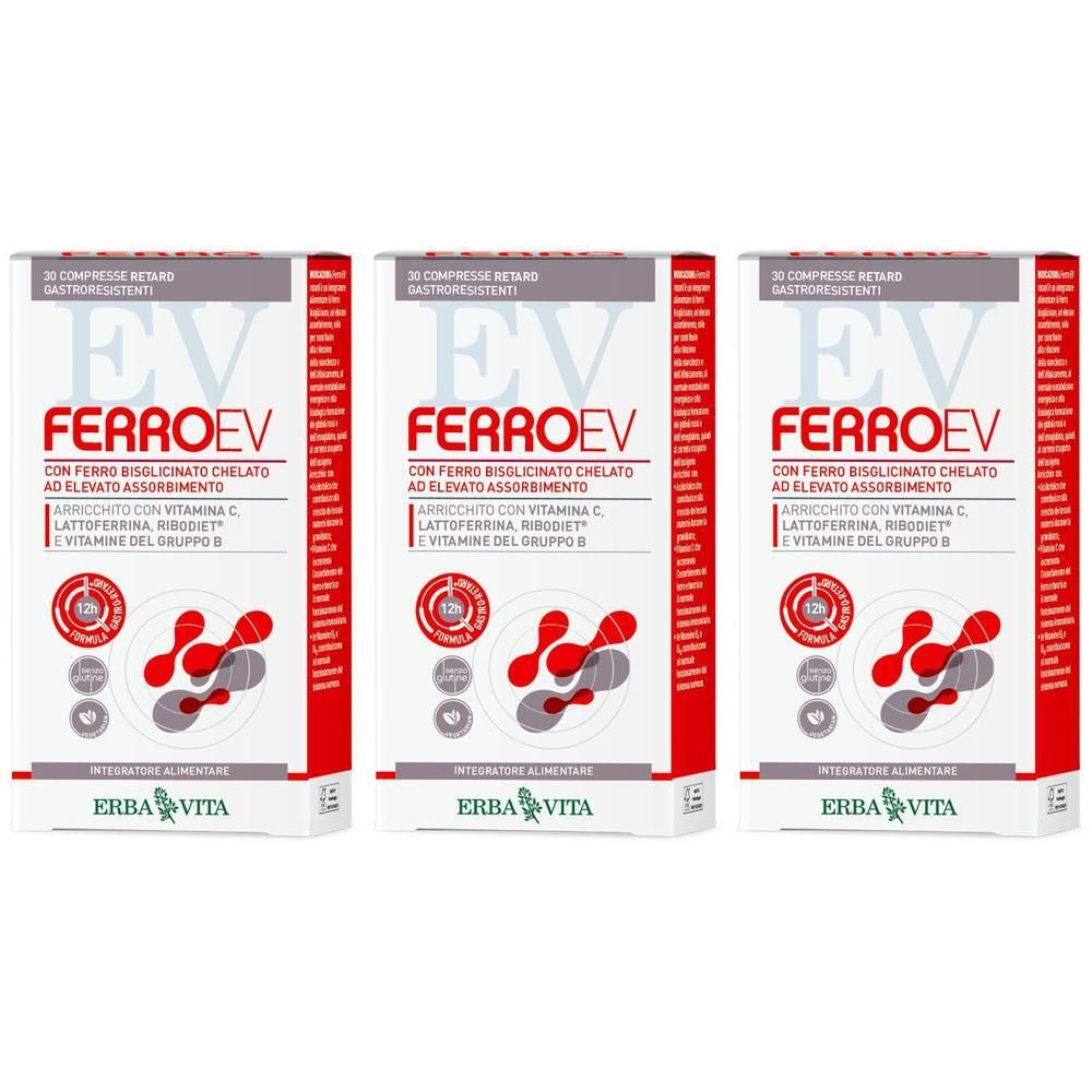 Tre confezioni di Ferro EV con bisglicinato ferroso, vitamina C, lattoferrina, ribodiol e vitamine del gruppo B.