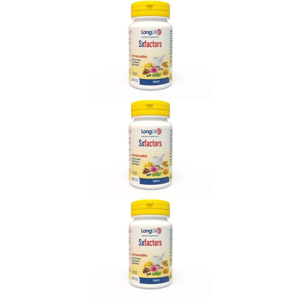Tre flaconi di LongLife® Sxfactors con tappi gialli, etichette bianche con informazioni sul prodotto e illustrazioni di erbe.