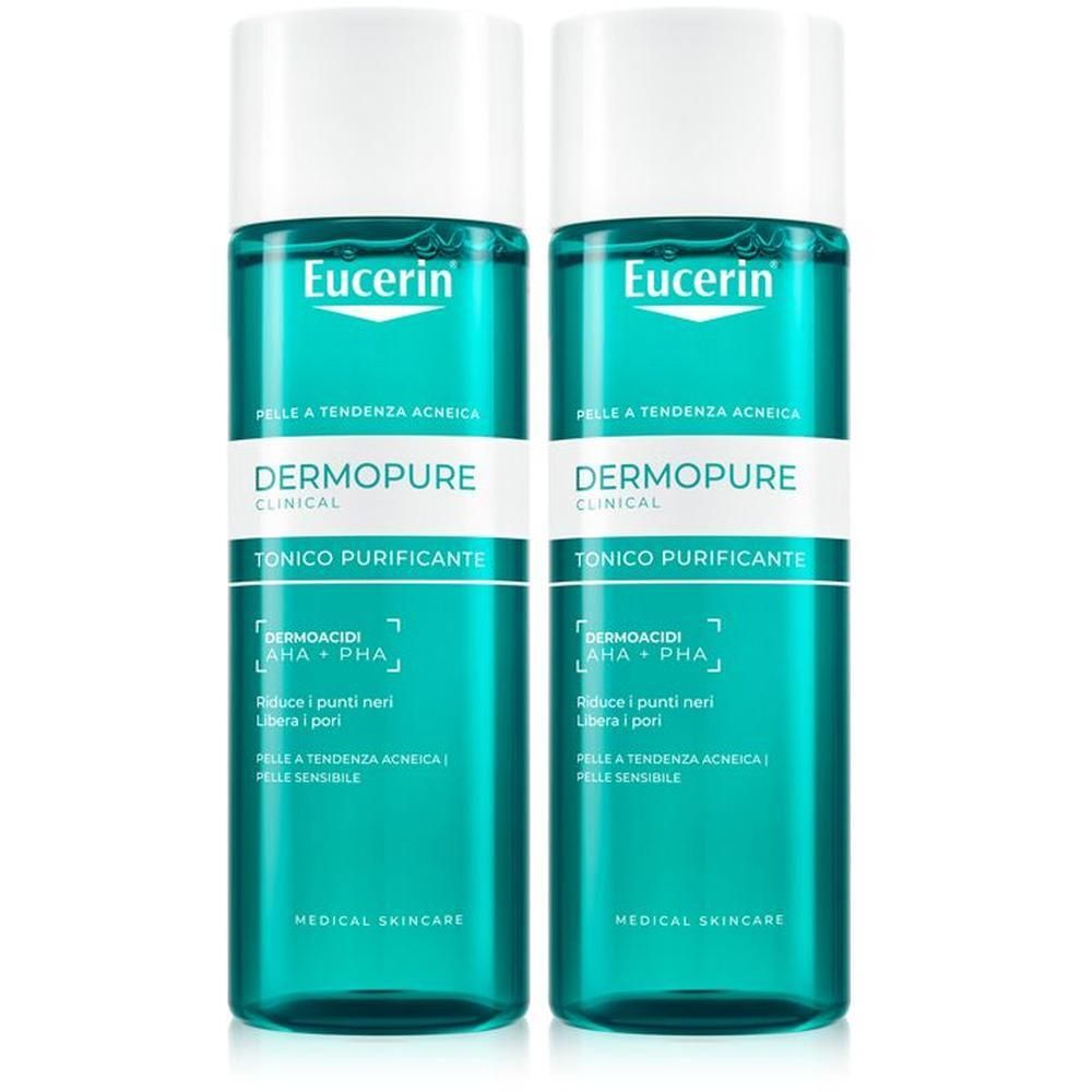 Due flaconi di Eucerin Dermopure Tonico Purificante affiancati.