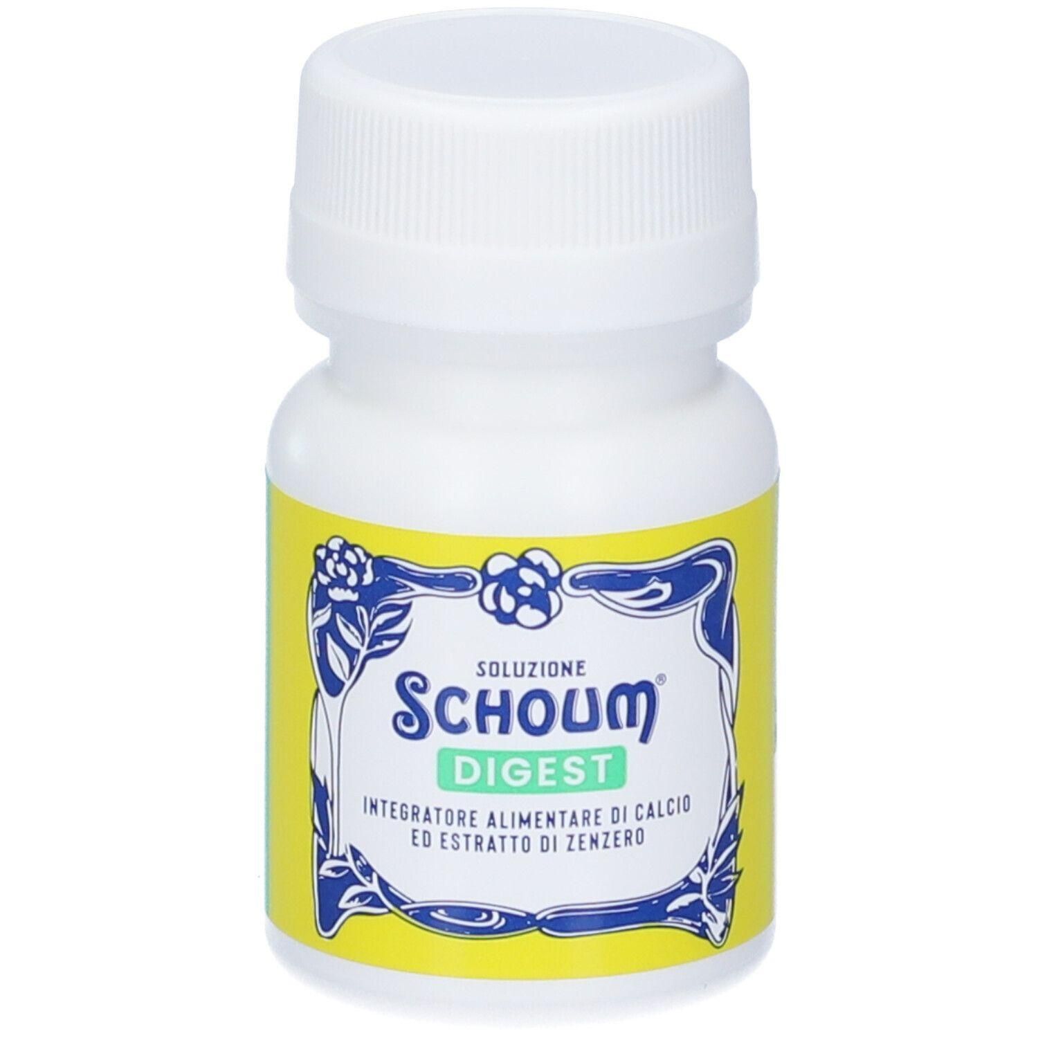 Flacone bianco con etichetta gialla, scritta Schoum Digest, calcio ed estratto di zenzero.