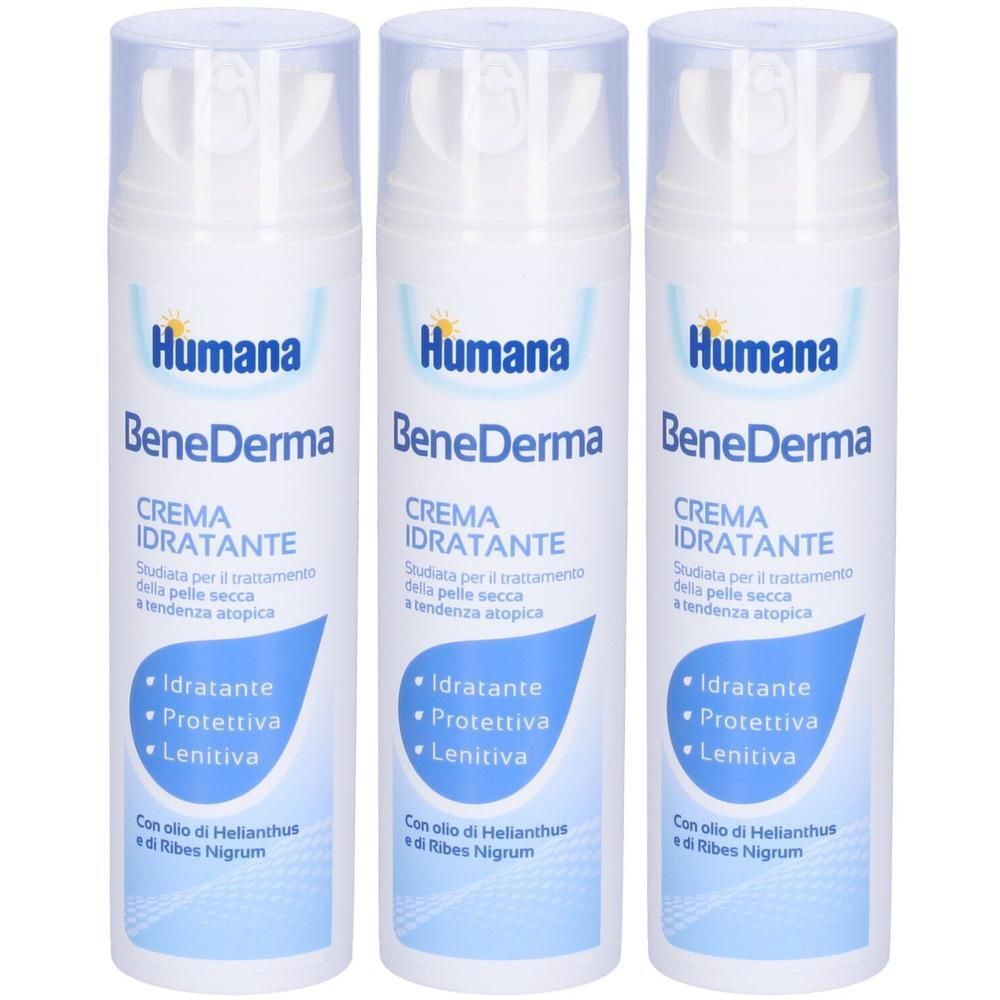 Tre flaconi di crema idratante Humana BeneDerma con dispenser.
