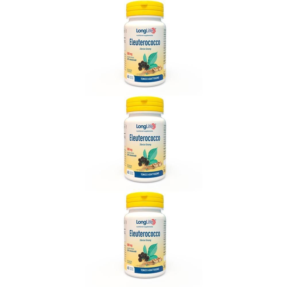 Tre flaconi di LongLife Eleuterococco con tappi gialli ed etichette raffiguranti bacche e foglie.