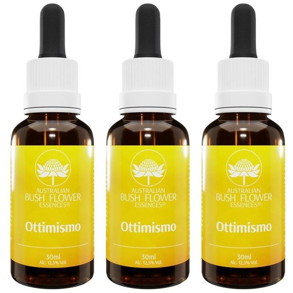Tre flaconi di Essenza Ottimismo con contagocce. Flaconi in vetro ambrato con etichetta gialla.