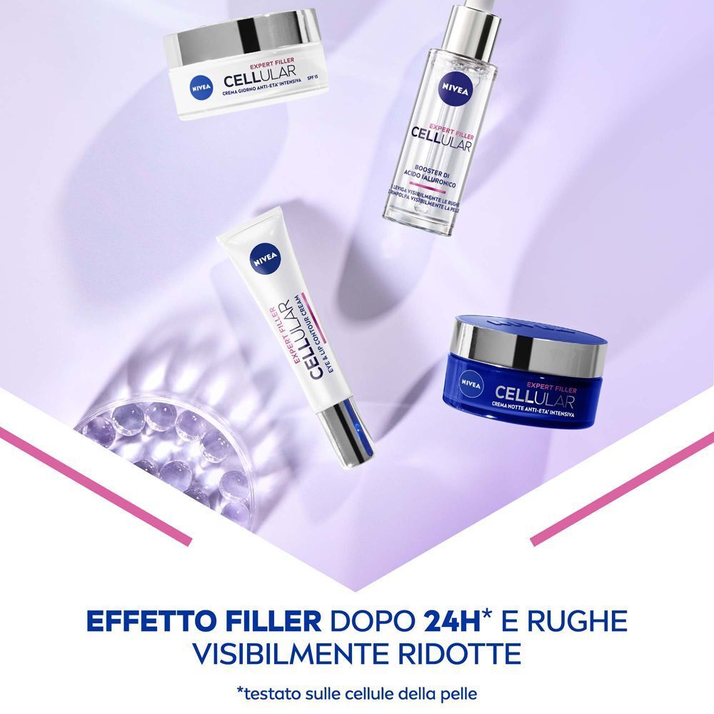 Diversi prodotti per la cura della pelle Nivea Cellular Expert Filler su sfondo viola.
