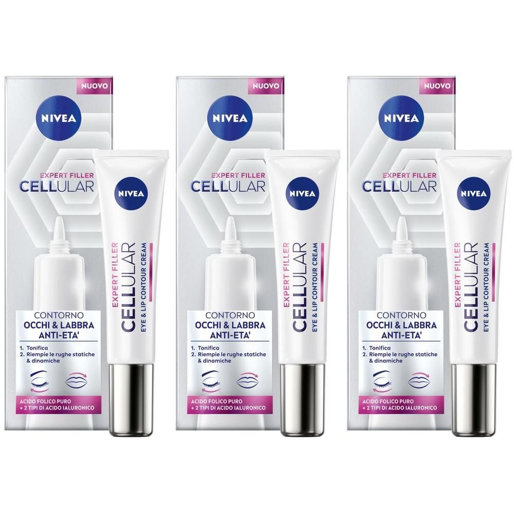 Tre tubi di crema contorno occhi e labbra Nivea Cellular Expert Filler con confezione.