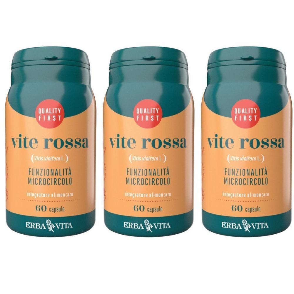 Tre flaconi di Vite Rossa, 60 capsule per flacone, con logo Erba Vita.