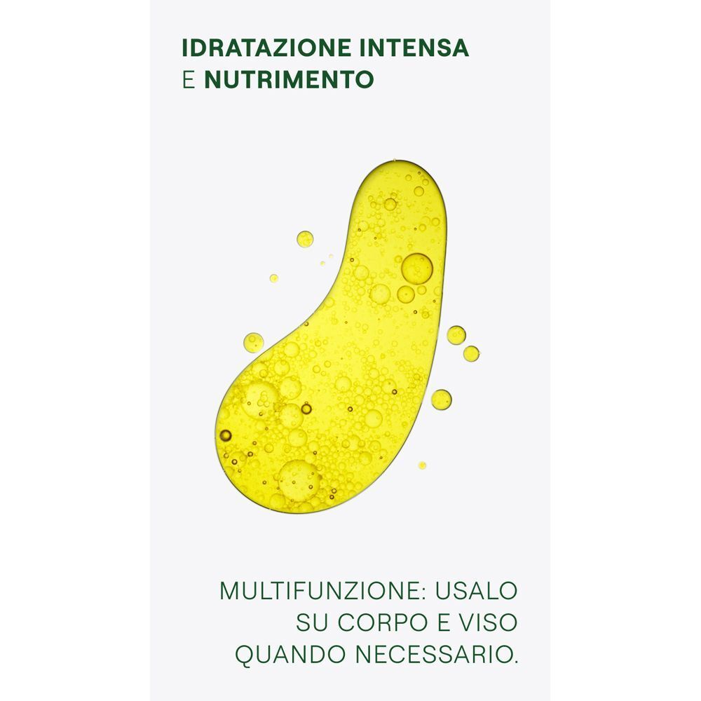 Texture di olio giallo con bolle in una forma astratta, testi in italiano.
